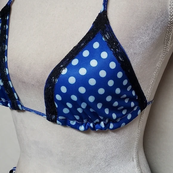 90s Vintage OOAK Handmade Blue Polka-dot Black Lace Side-Tie Triangle Bikini S - Picture 5 of 16